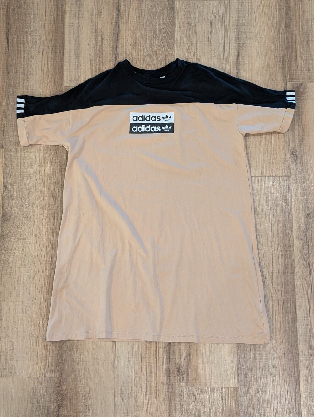 Adidas Originals RYV T Shirt Dress Womens XL Beige Black Colorblock Trefoil EC07